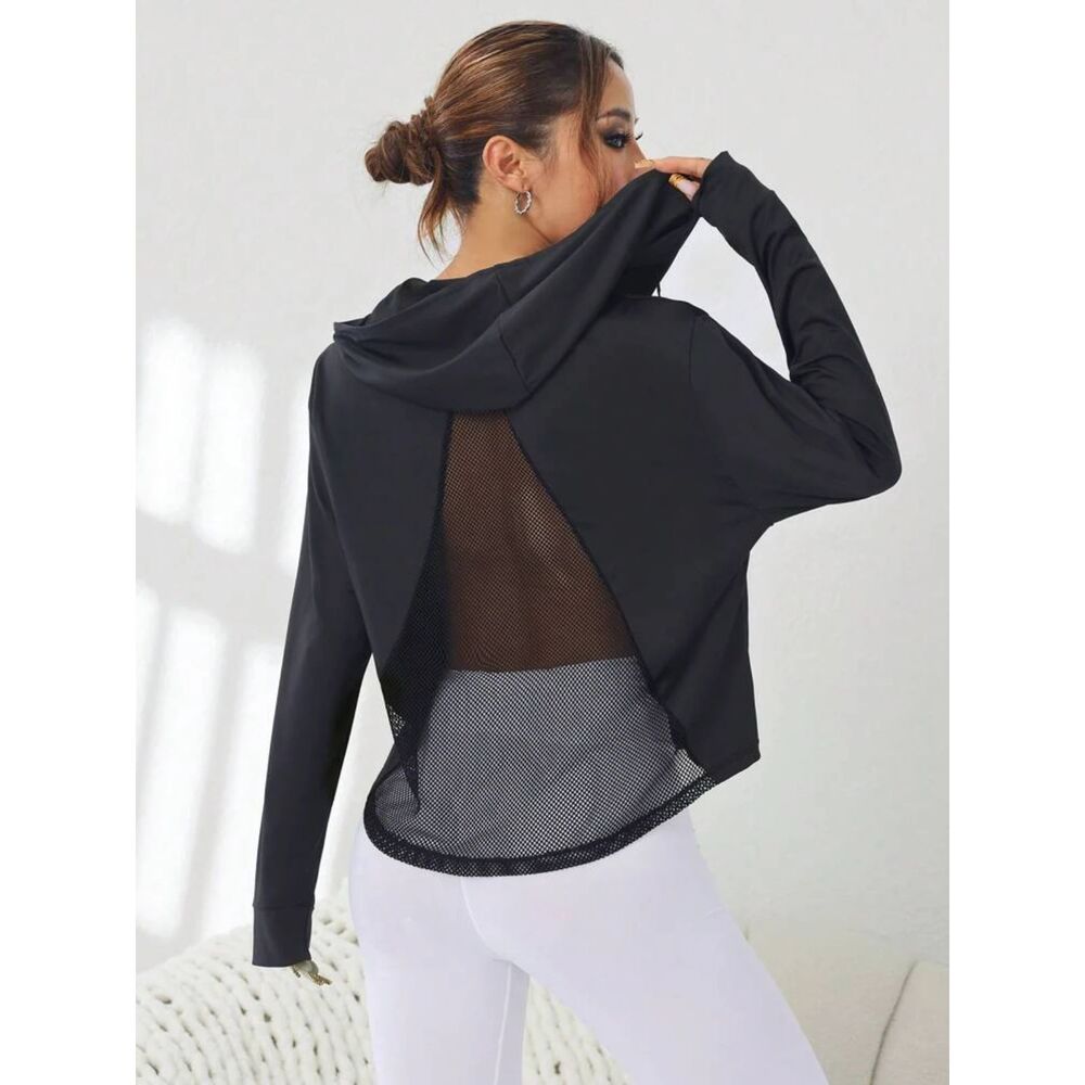 Women's Contrast Mesh Back Hooded Zip-Up Active Sports Jacket, Size Large L
